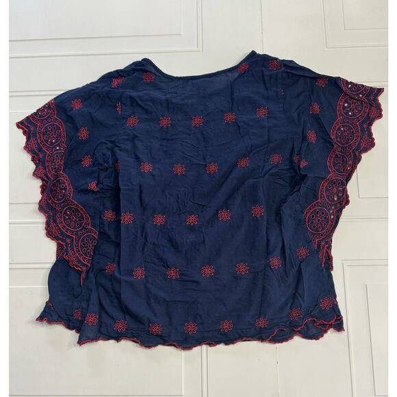 CATHERINES Size 1X Embroidered Eyelet Flutter Sleeve Top 100% Cotton Navy/Red - Picture 4 of 5